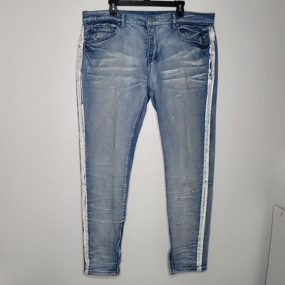 MNML Mens Jeans 40x33 Striped Ankle Zip Jeans Denim Blue Distressed Button Fly